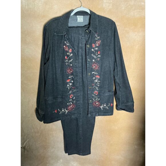 Allison Daley Denim Jacket & Pants Set Floral Embroidered Women's Outfit - Picture 3 of 12
